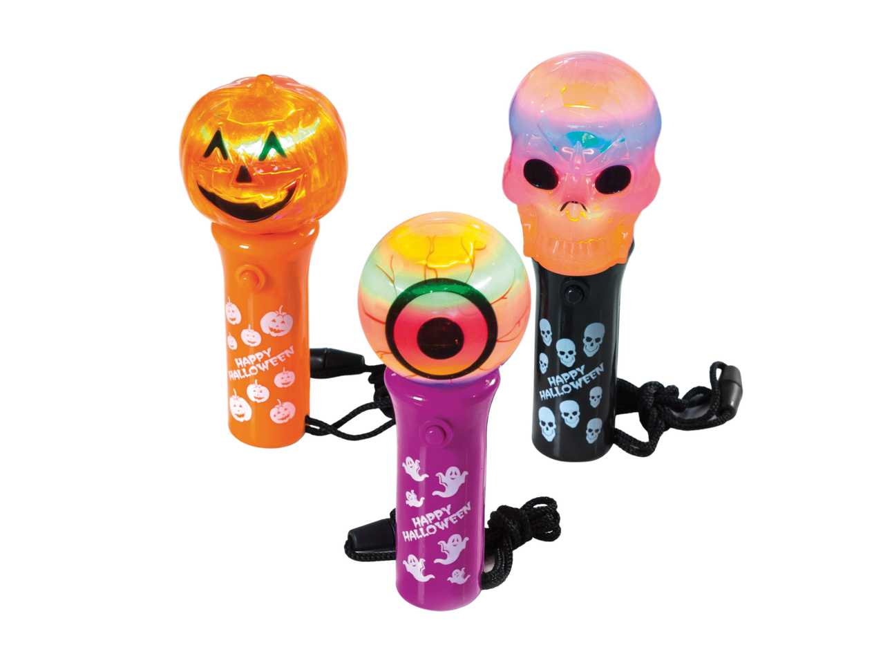 Three Halloween-themed light-up spinners: a pumpkin, an eyeball, and a skull.