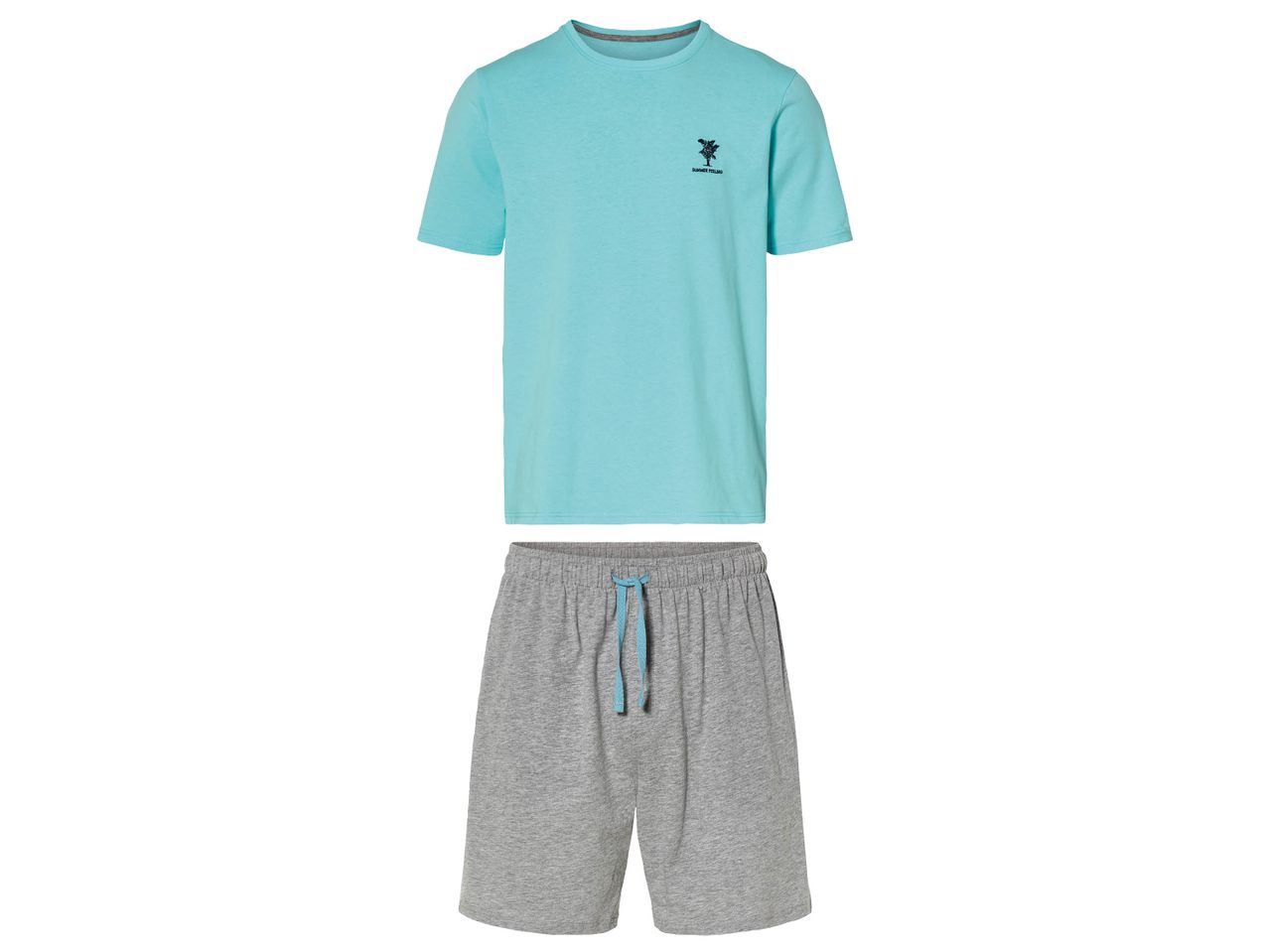 Men's Pyjama Set of light blue short-sleeved t-shirt and grey shorts pajama set.