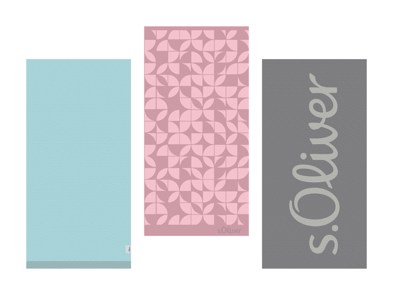 Trois serviettes : une bleu clair, une rose à motif géométrique et une grise avec texte.