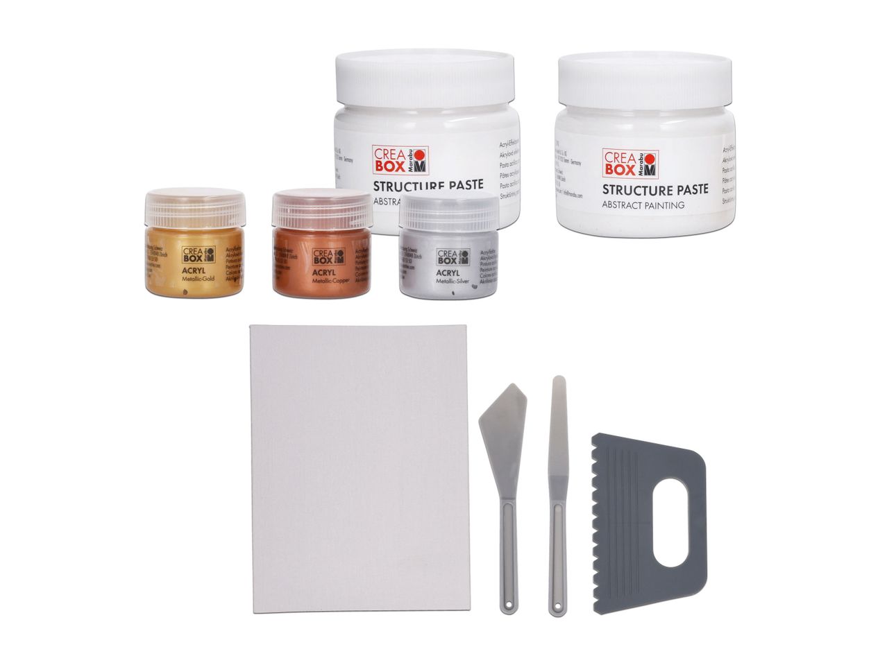 Set zum abstrakten Malen mit Strukturpasten, Acrylfarben in Gold, Kupfer, Silber, Leinwand und Spachteln.
