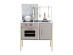 Wooden play kitchen with marble-effect backsplash, stove, sink, oven, and cooking utensils.