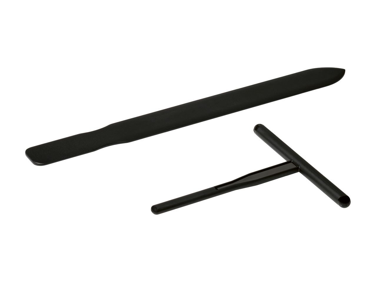 Two black plastic tools, one long and flat, the other T-shaped.