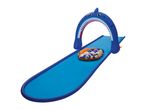 Inflatable shark water slide with a blue and orange inflatable ring.