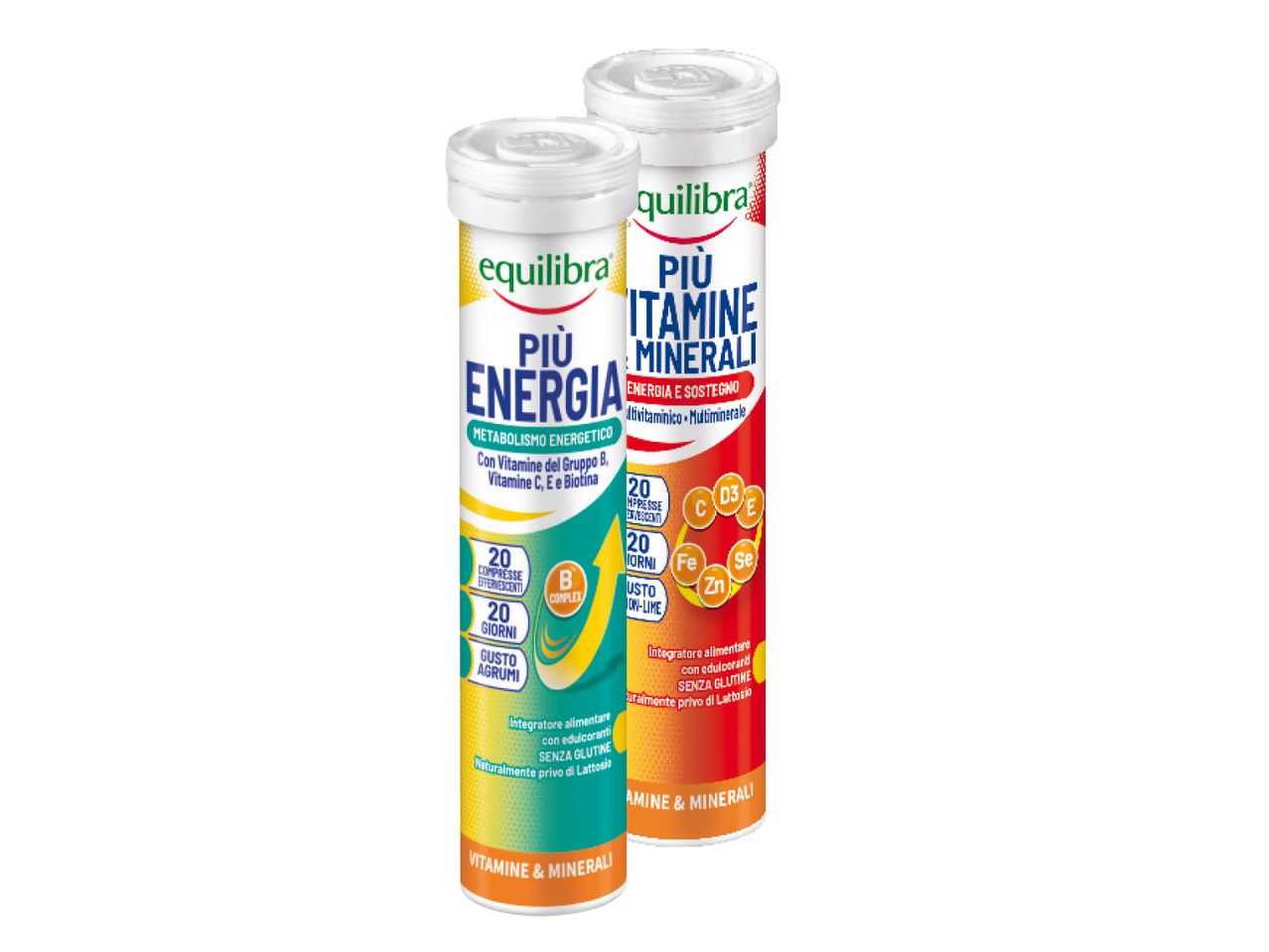 Due confezioni di integratori Equilibra: Più Energia e Più Vitamine e Minerali.