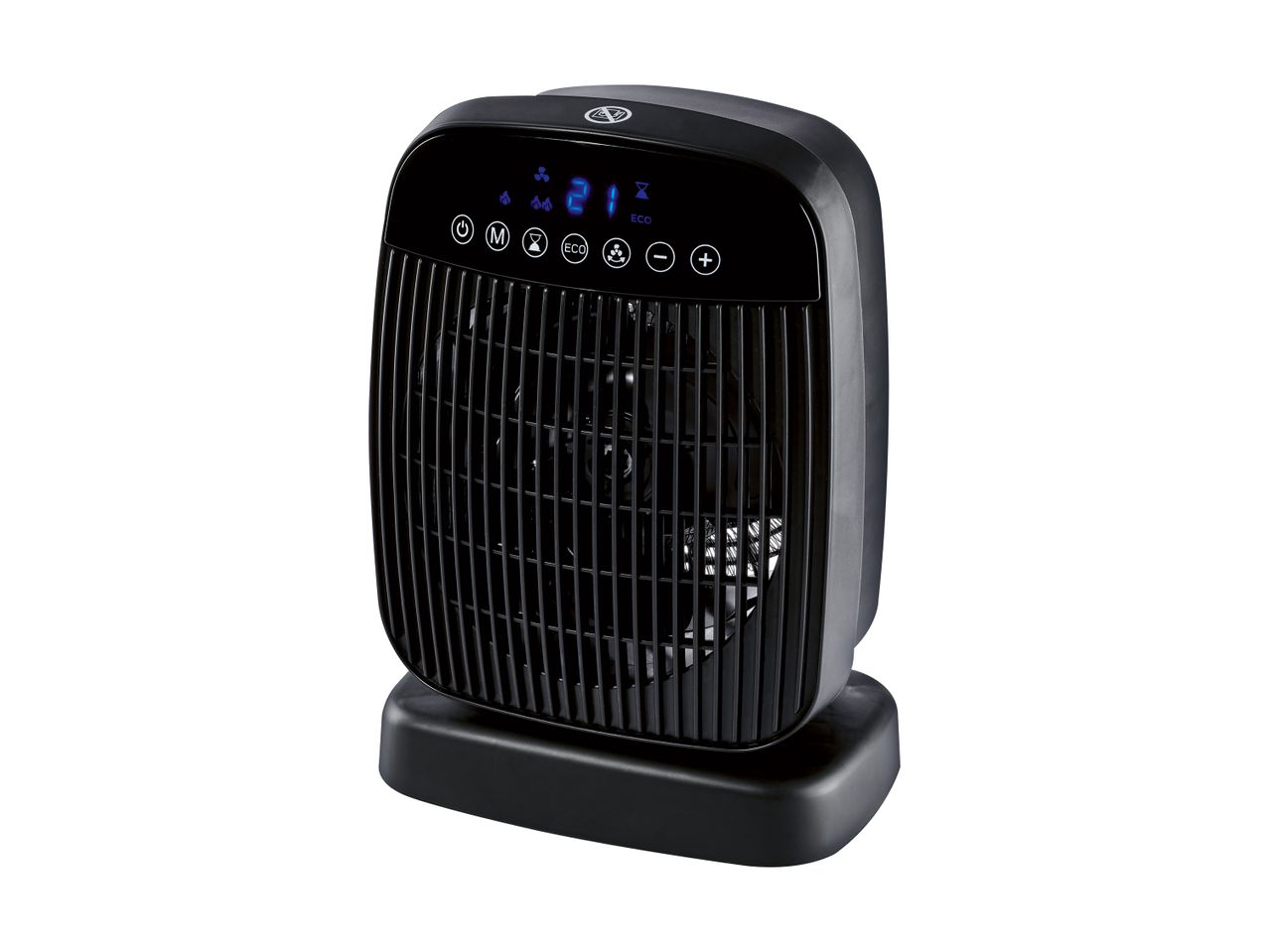 Black electric fan heater with digital display and control buttons