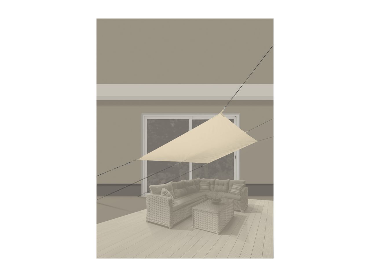 Outdoor patio with a beige sun shade over a wicker sofa and coffee table on a wooden deck.