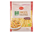 Verpakking Milbona Bio geraspte Emmentaler met een quiche op de voorgrond.