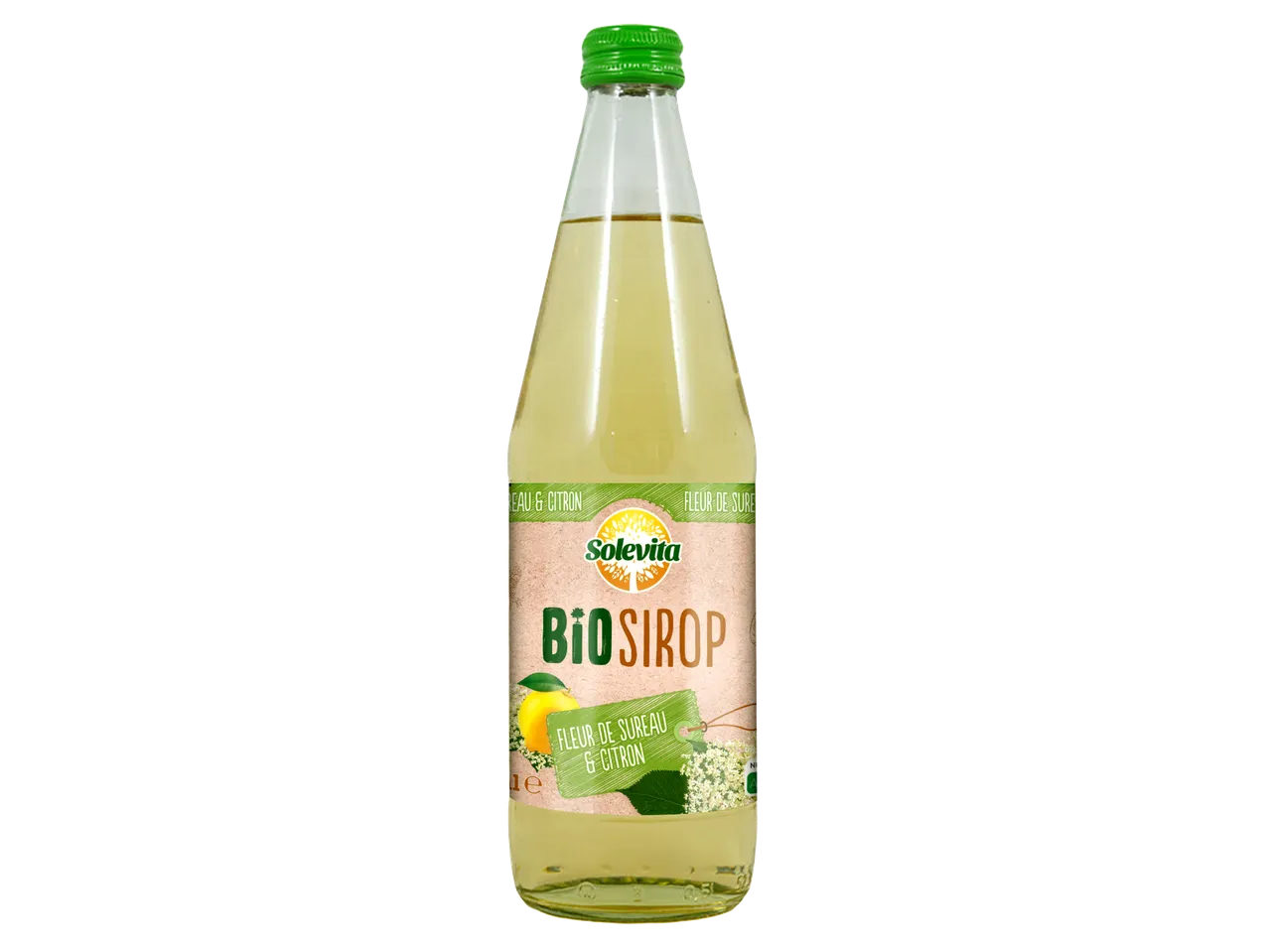 Bouteille de sirop bio à la fleur de sureau et au citron.