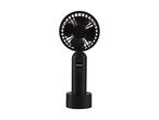 Sort bærbar ventilator med en rund blæser og en base, der står oprejst.