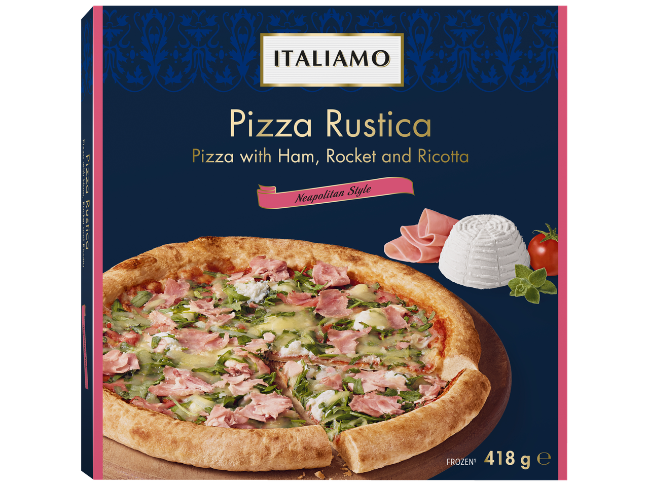 ITALIAMO Pizza Rustica, Napolitaanse stijl pizza met ham, rucola en ricotta, 418g.