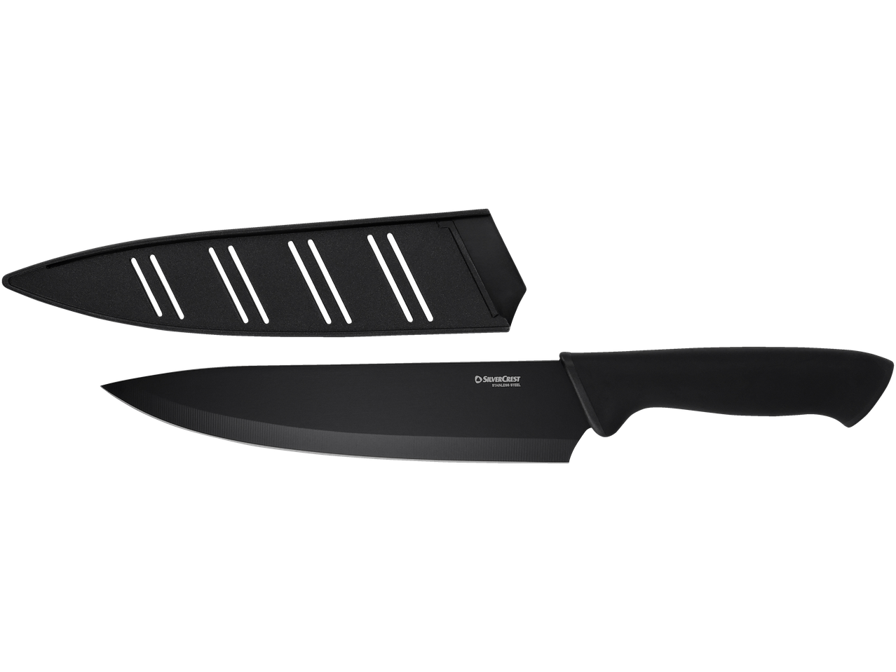 Silvercrest® nerūsējošā tērauda nazis ar melnu rokturi un maksti.