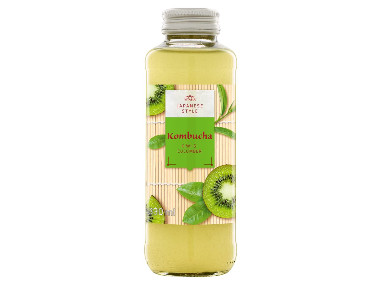 Vitasia Japanese Style Kombucha with kiwi and cucumber in a bottle.