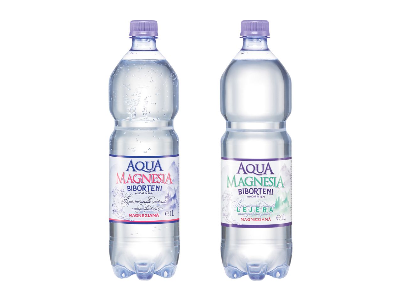 Două sticle de apă minerală Aqua Magnesia Biborteni: una carbogazificată, cealaltă ușor carbogazificată.