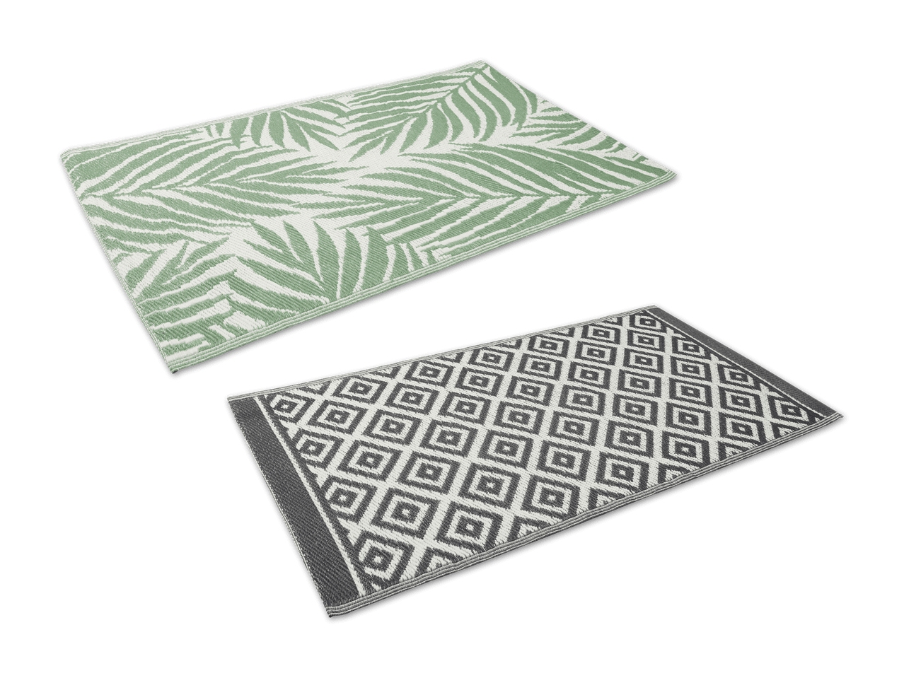 Zwei rechteckige Teppiche: einer mit grünem Palmenblattmuster, der andere mit grau-weißem Rautenmuster.