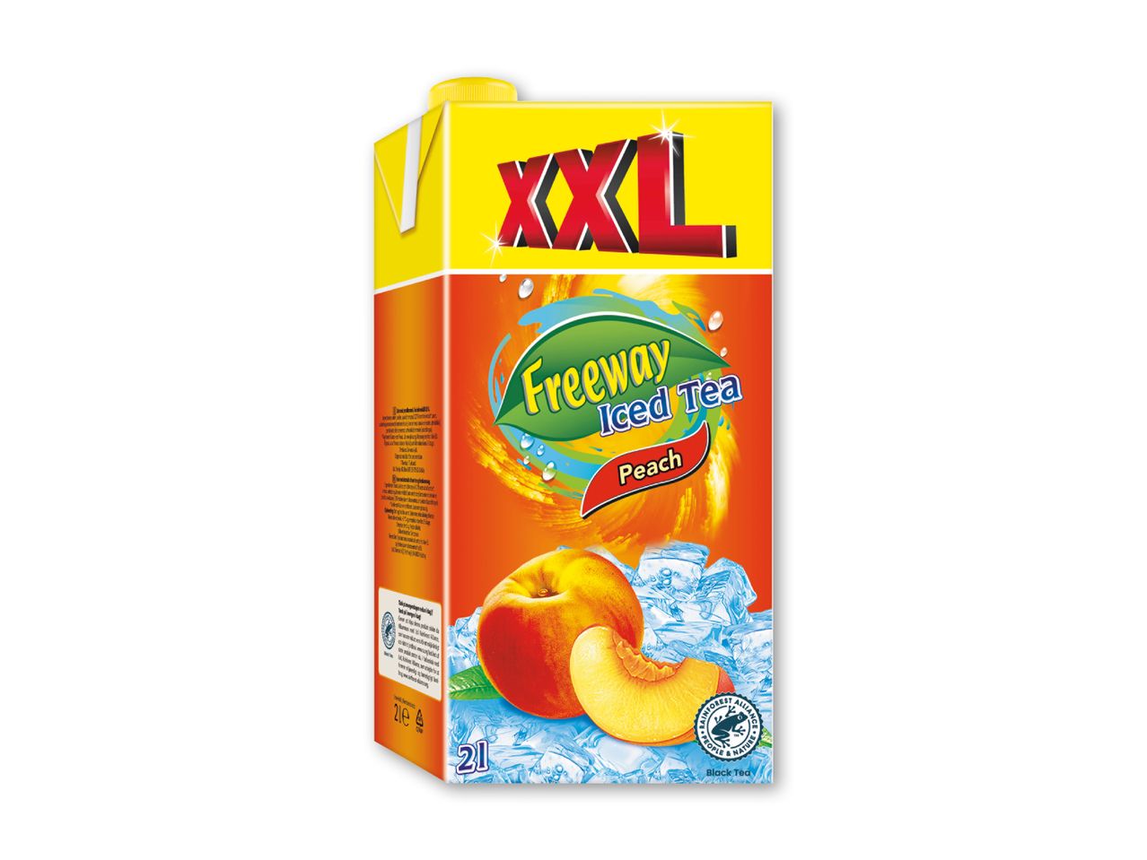Fersken iste i en 2-liters karton med teksten 'XXL' og 'Freeway Iced Tea Peach'.