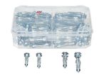 A clear plastic box filled with various metal hollow wall anchors, with four anchors displayed below.