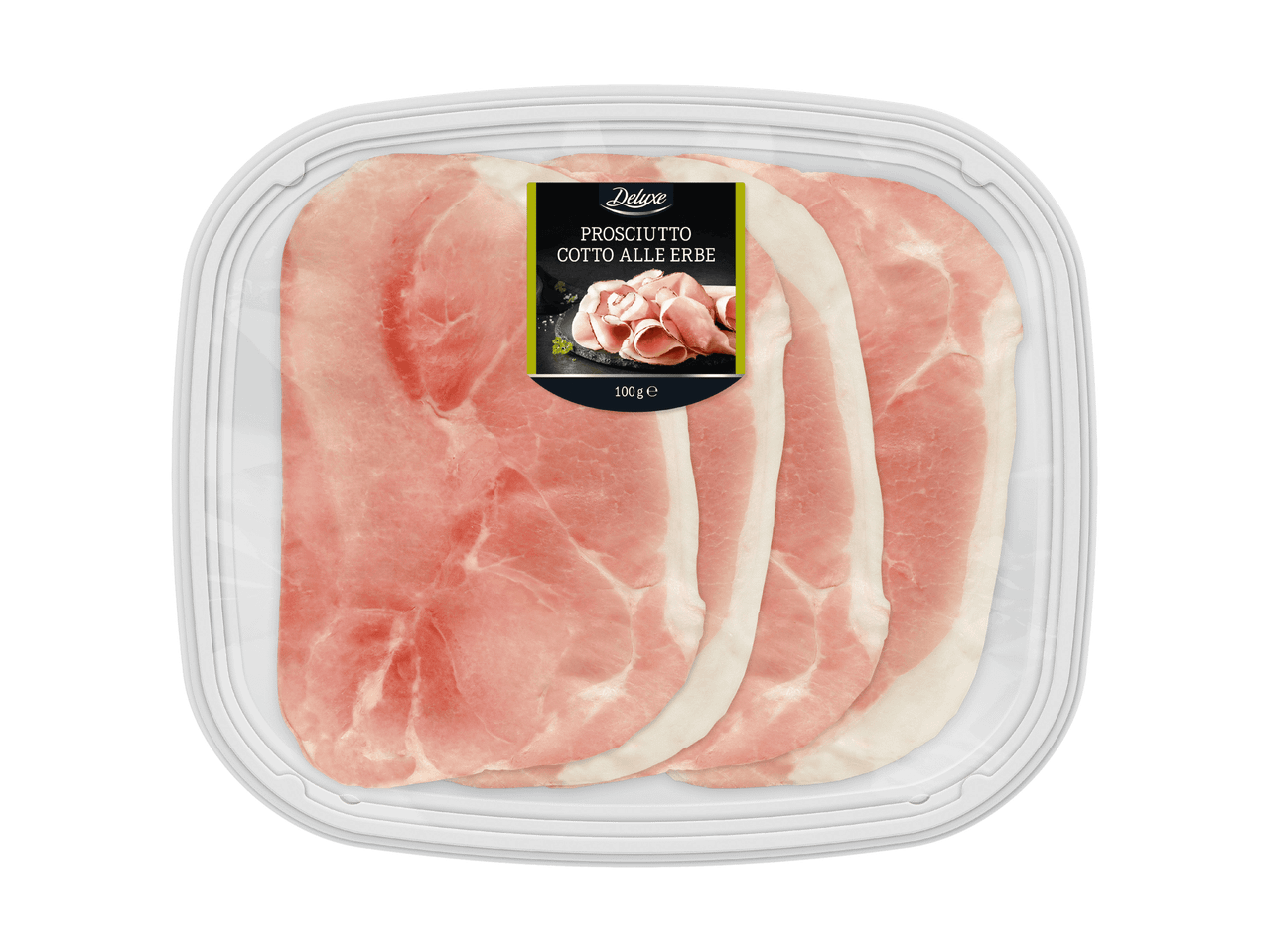 Gekochter Schinken mit Kräutern in einer 100-g-Packung.