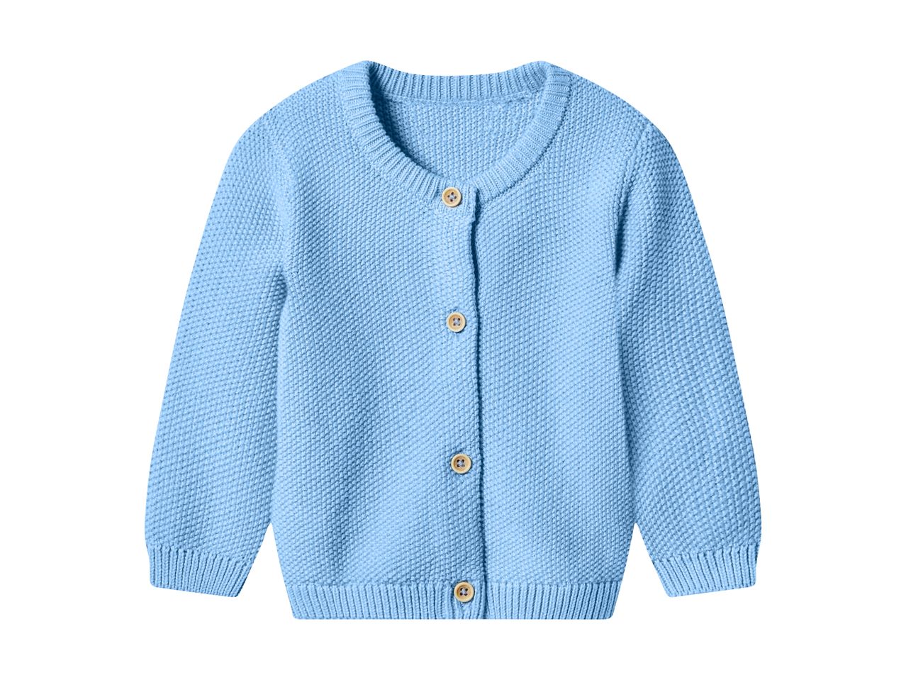 Light blue knitted baby cardigan with wooden buttons