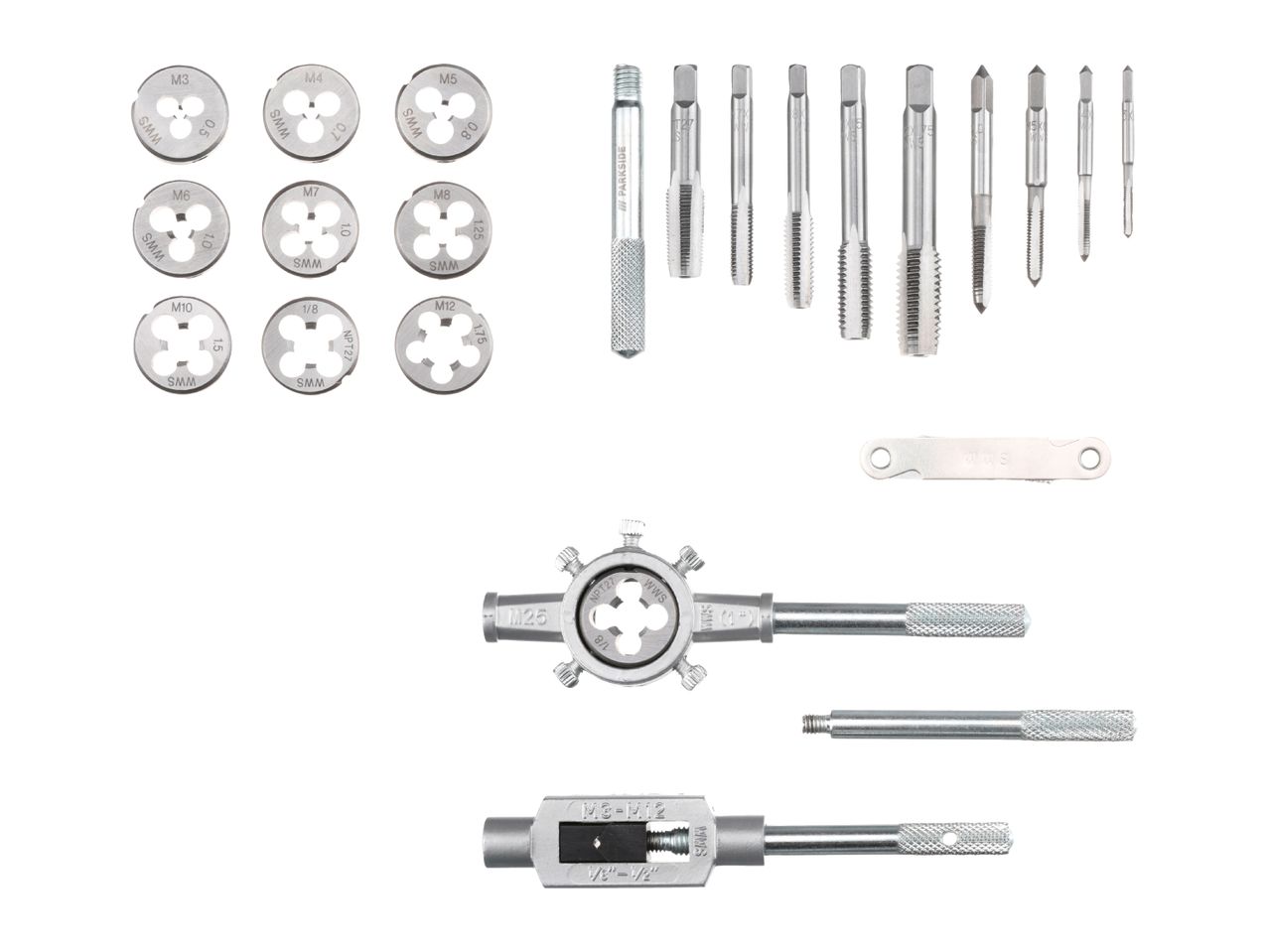 A tap and die set with various sizes of taps, dies, and handles for threading.