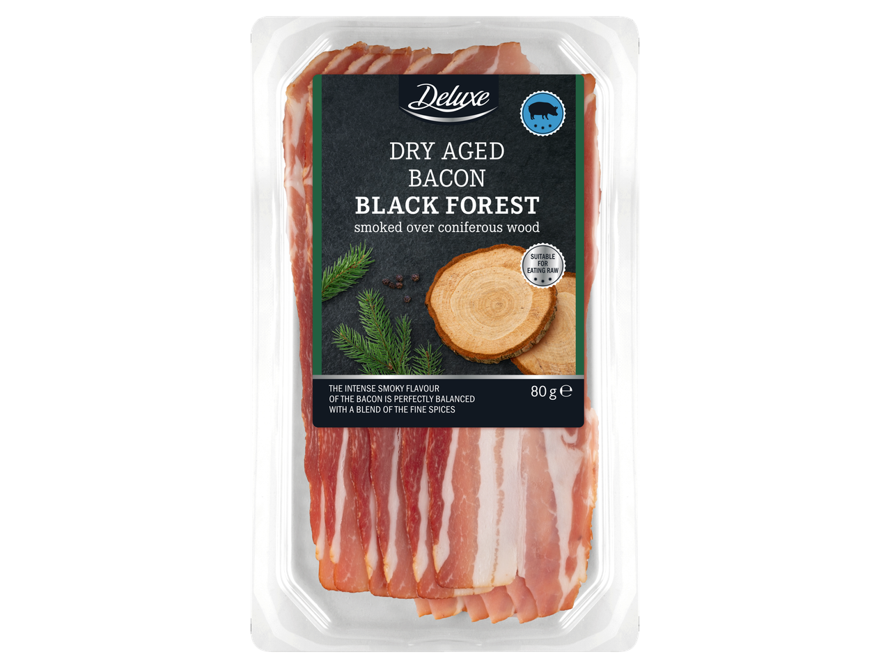 Deluxe džiovintas juodojo miško šoninė, rūkyta ant spygliuočių medienos, 80 g