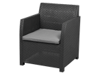 Poly rattan garden chair with grey cushion.