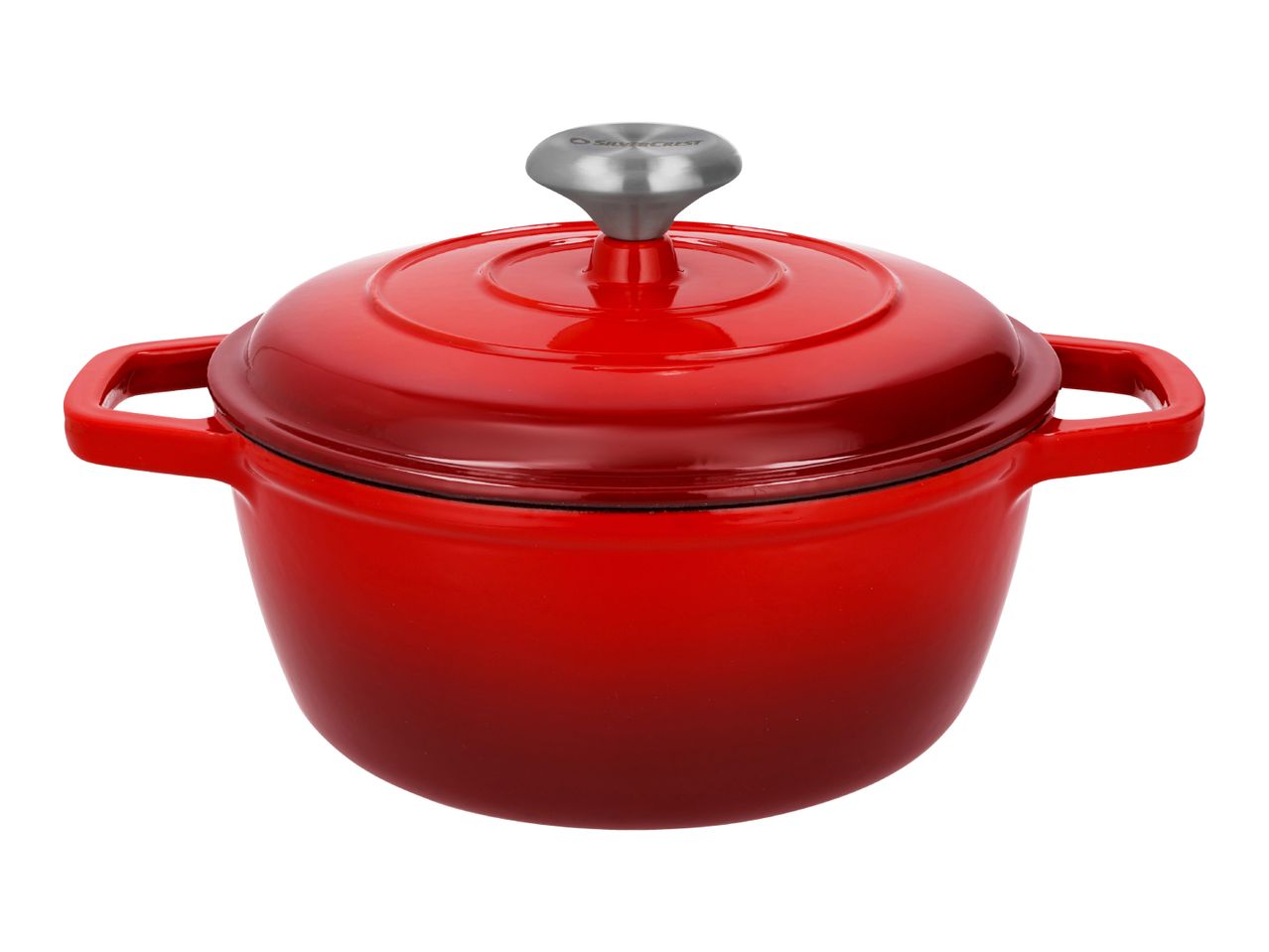 Red cast iron casserole dish with lid and silver knob.