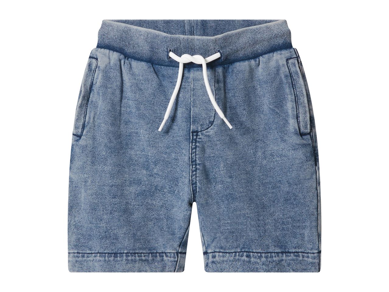 Blue denim shorts with an elasticated waist and white drawstring.