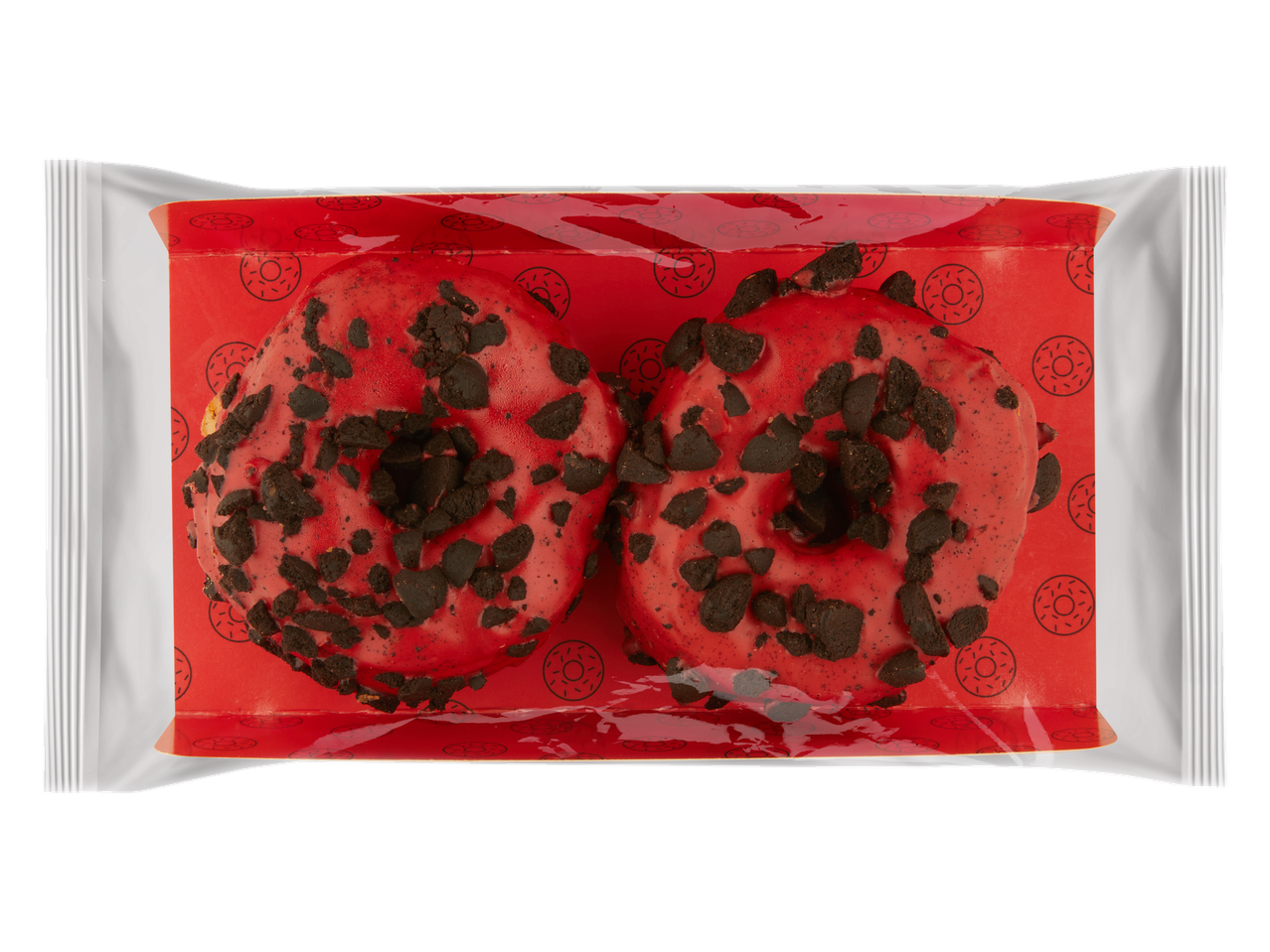 Twee rode cronuts met koekjesstukjes in een transparante verpakking