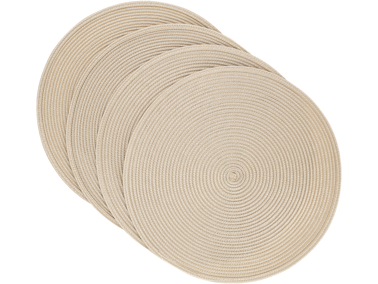 Neli ümmargust beeži punutud disainiga lauamatti.