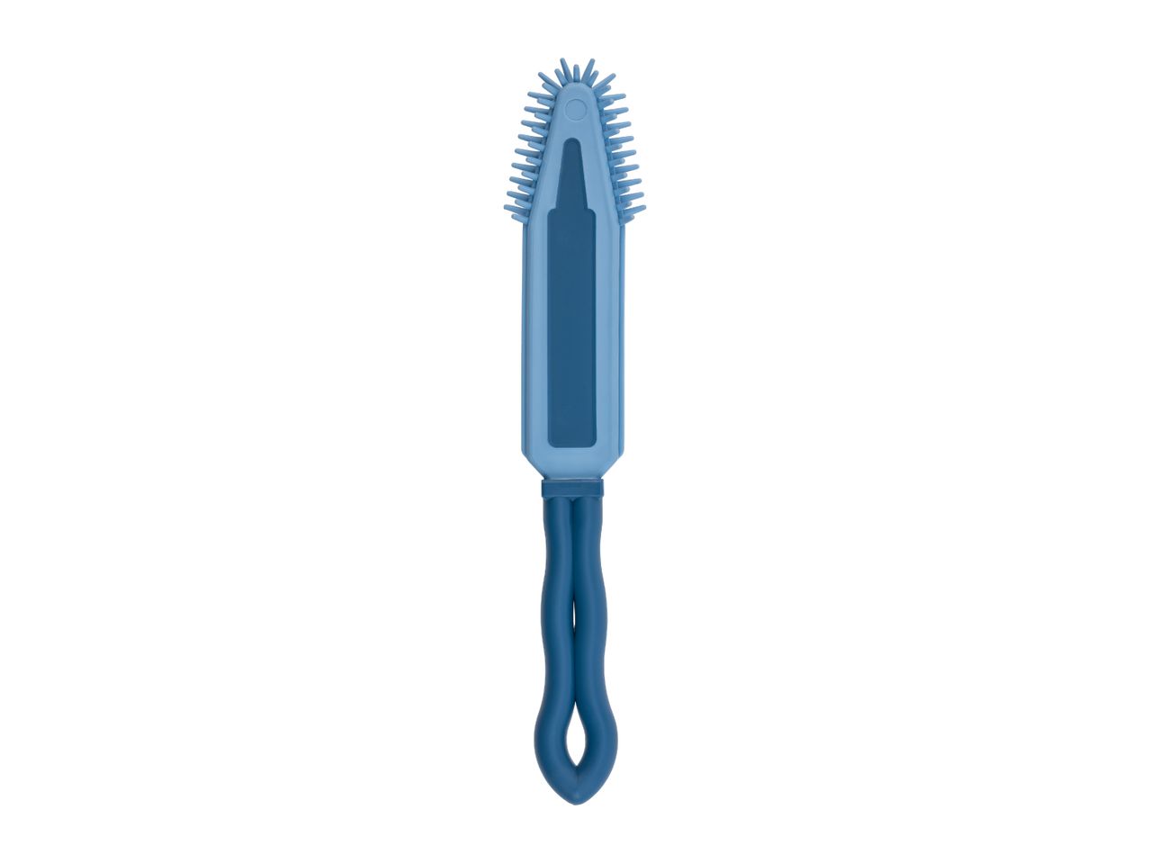 Blue silicone bottle brush with a textured handle and spiky bristles.