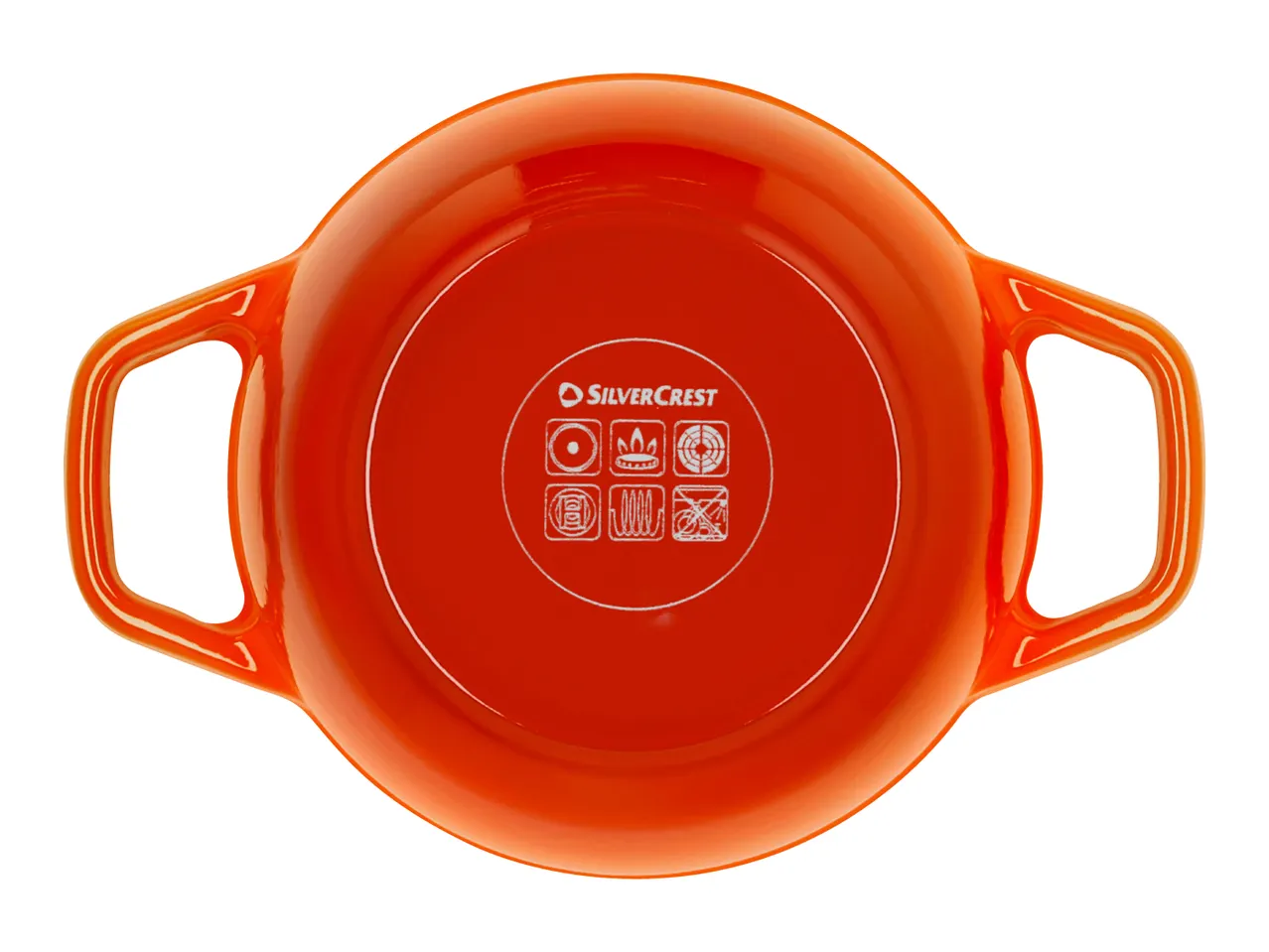 Orange cooking pot with handles, showing symbols for various heat sources and dishwasher safety.