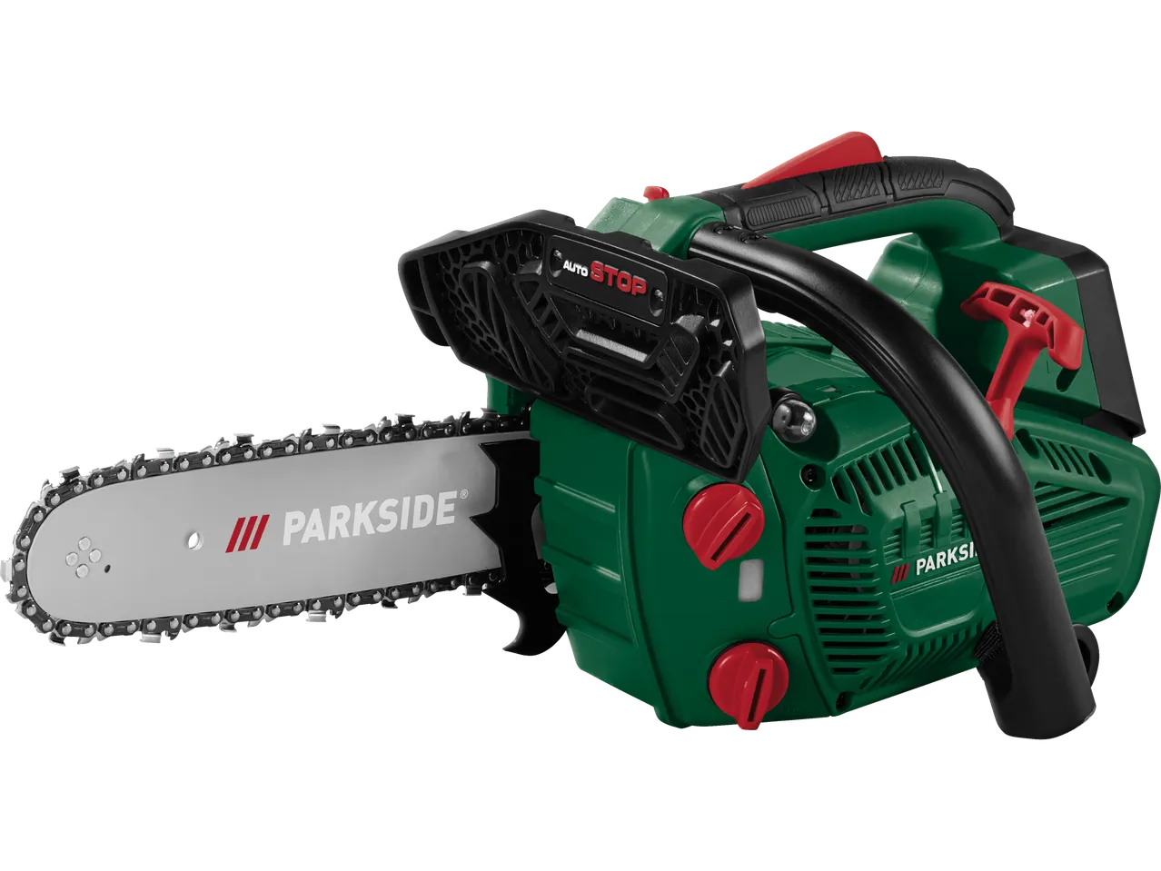 Parkside® benzinska testera za orezivanje drveća sa AUTO STOP funkcijom, zelena i crna sa crvenim detaljima.