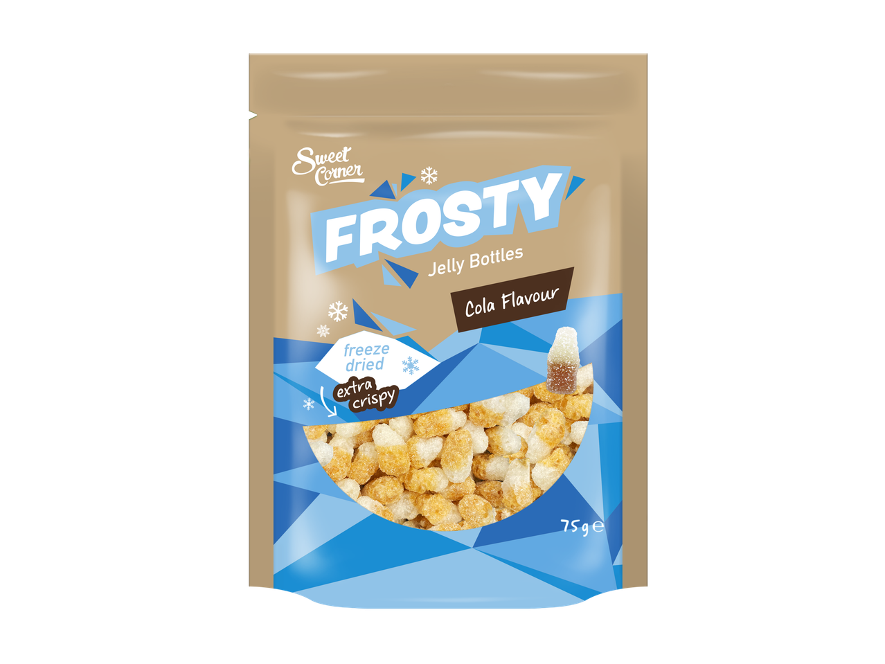 Zakje gevriesdroogde colasmaak jelly flesjes, extra knapperig, 75g.