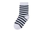 A single black and white striped sock, isolated on a white background.