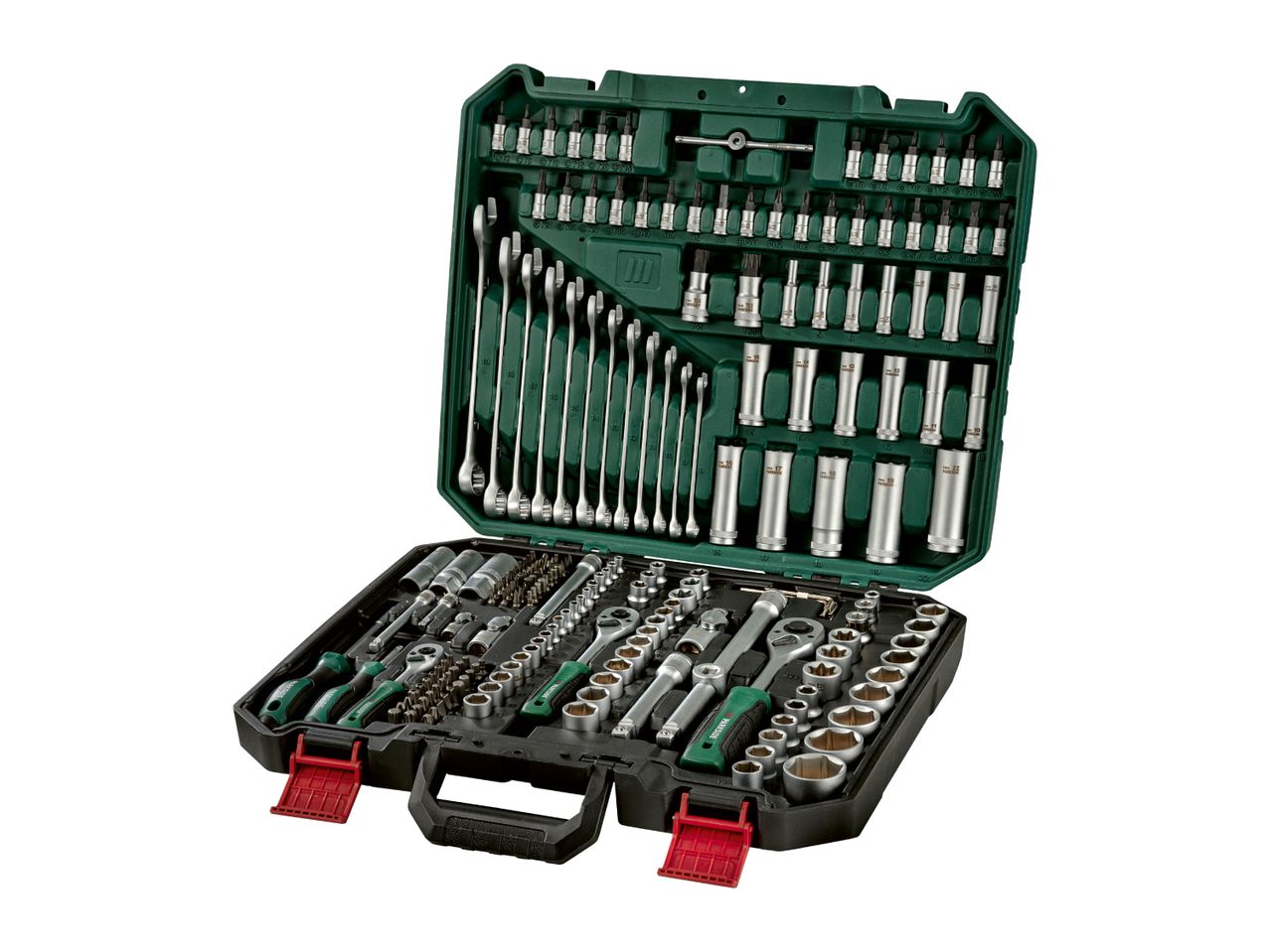 A comprehensive tool set in a green and black case, featuring wrenches, sockets, and screwdriver bits.