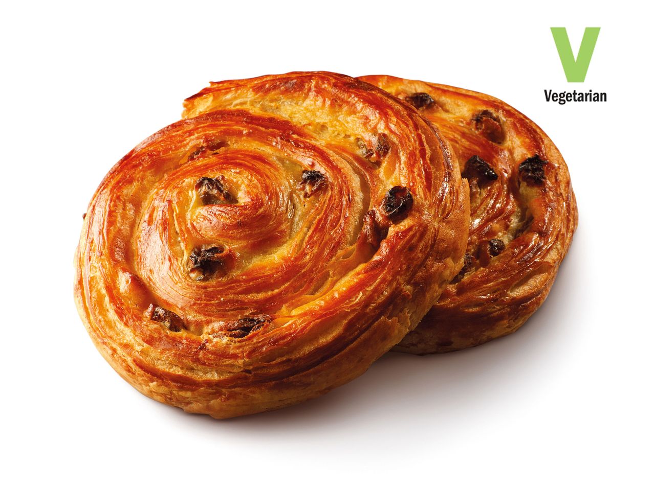 Two raisin swirls, vegetarian.