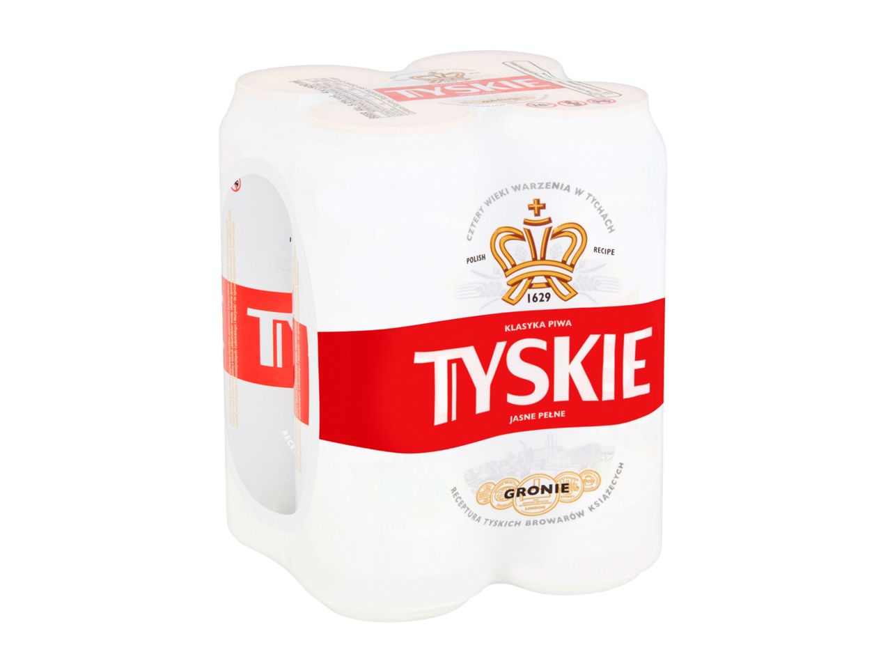 A six-pack of Tyskie beer cans.