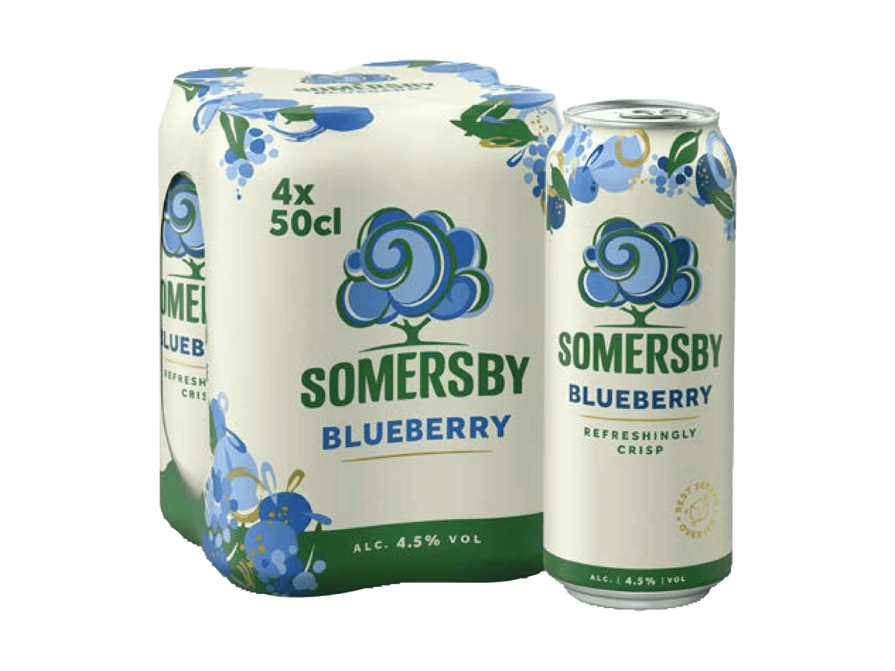 4er-Pack Heidelbeer-Cider-Dosen à 50cl, 4.5% vol, erfrischend und knackig.