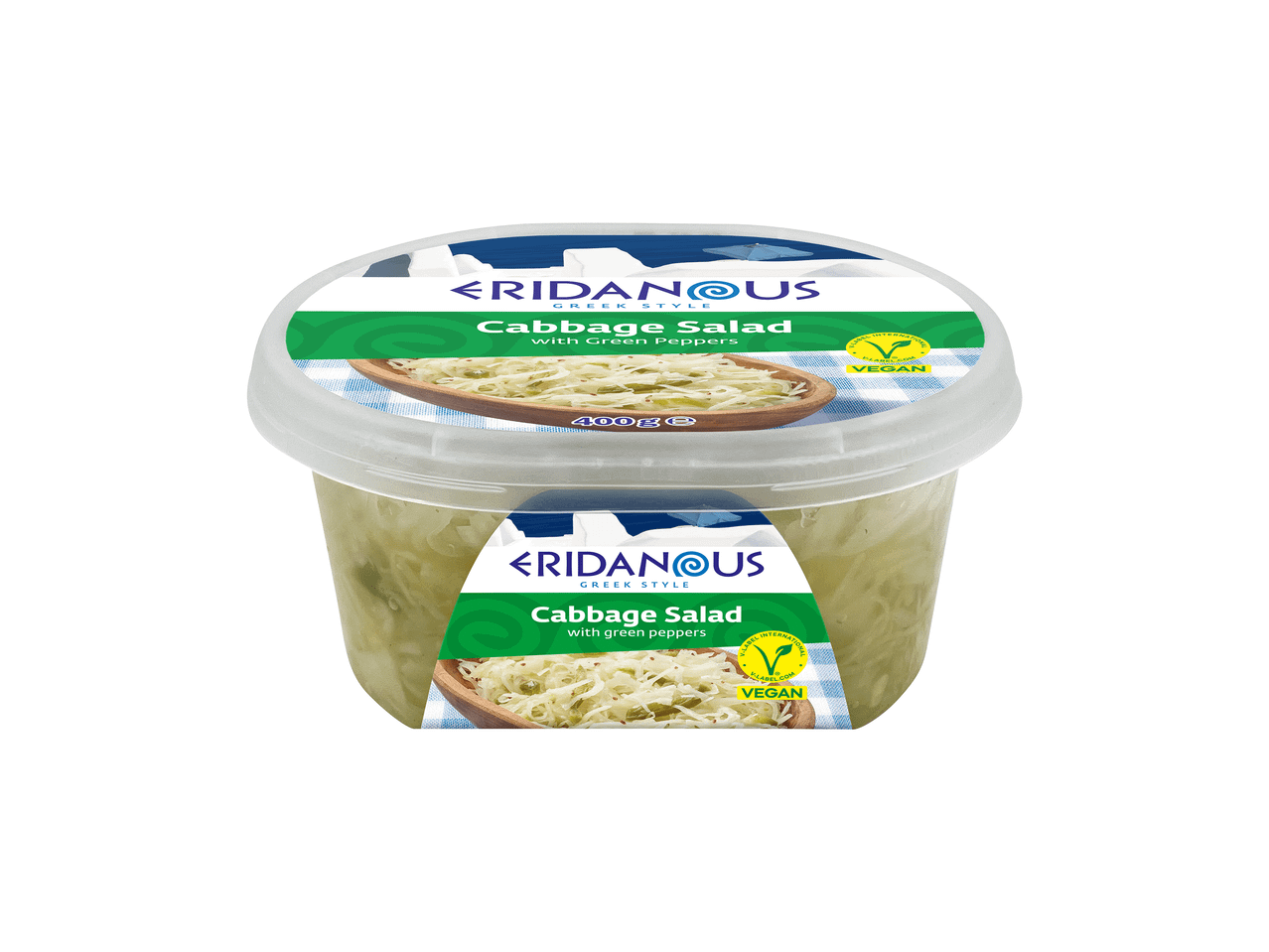 Salade de chou grecque avec poivrons verts dans un pot transparent, 400g, végétalien.