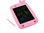 Tronic LCD Writing Tablet in pink, shaped like a bunny, with colorful drawings of a sun, stars, numbers, letters, and a rocket.
