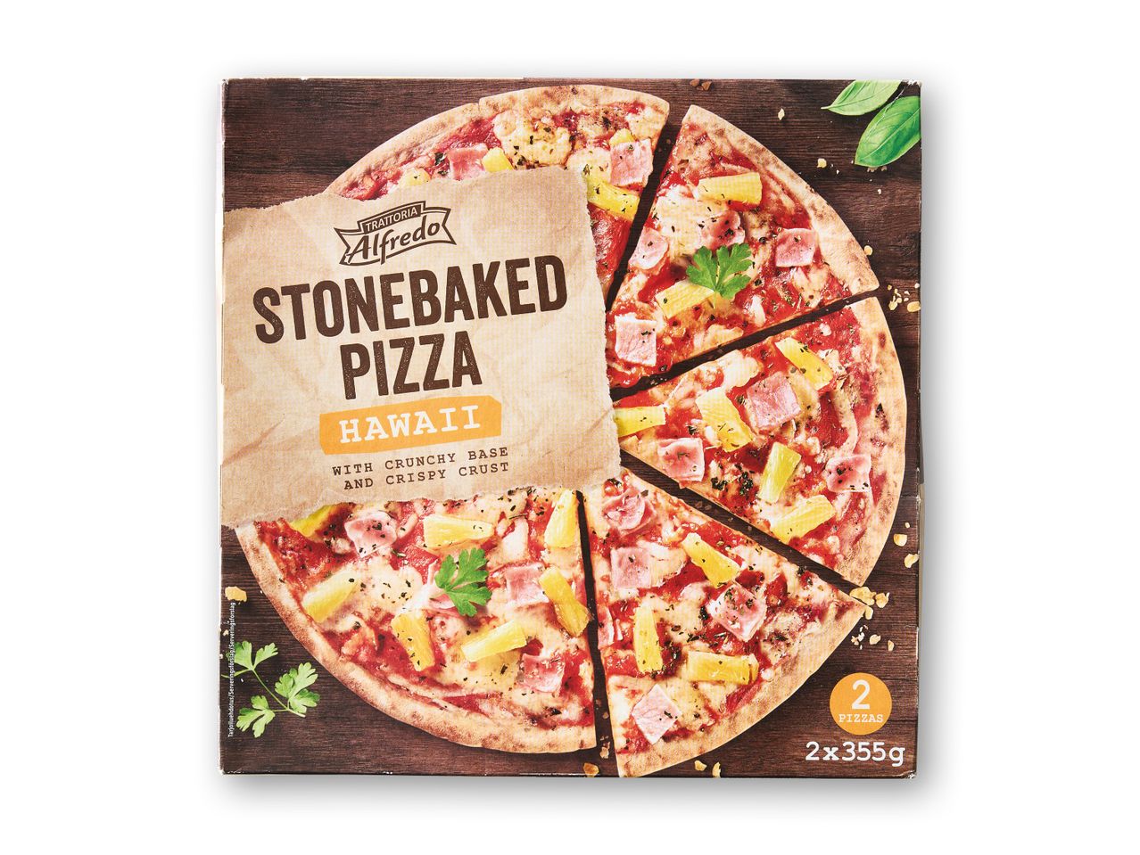 Trattoria Alfredo Stonebaked Hawaii pizza-pakke med to pizzaer.