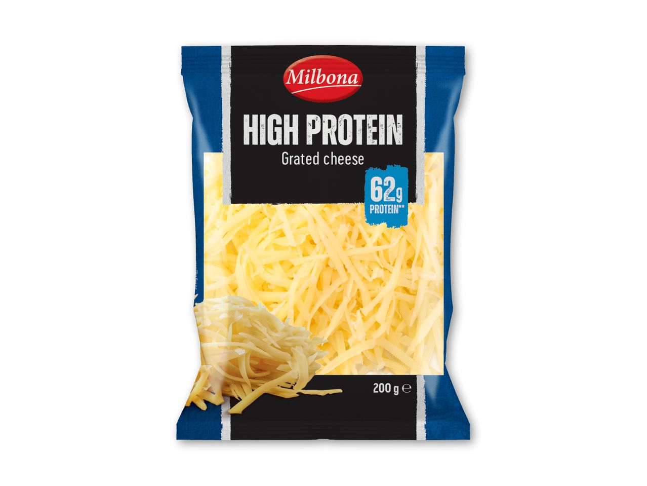 Milbona High Protein revet ost, 200g pose med 62g protein.