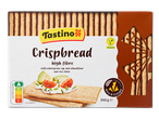 Verpakking Tastino Crispbread: volkoren crackers, rijk aan vezels, vegan.