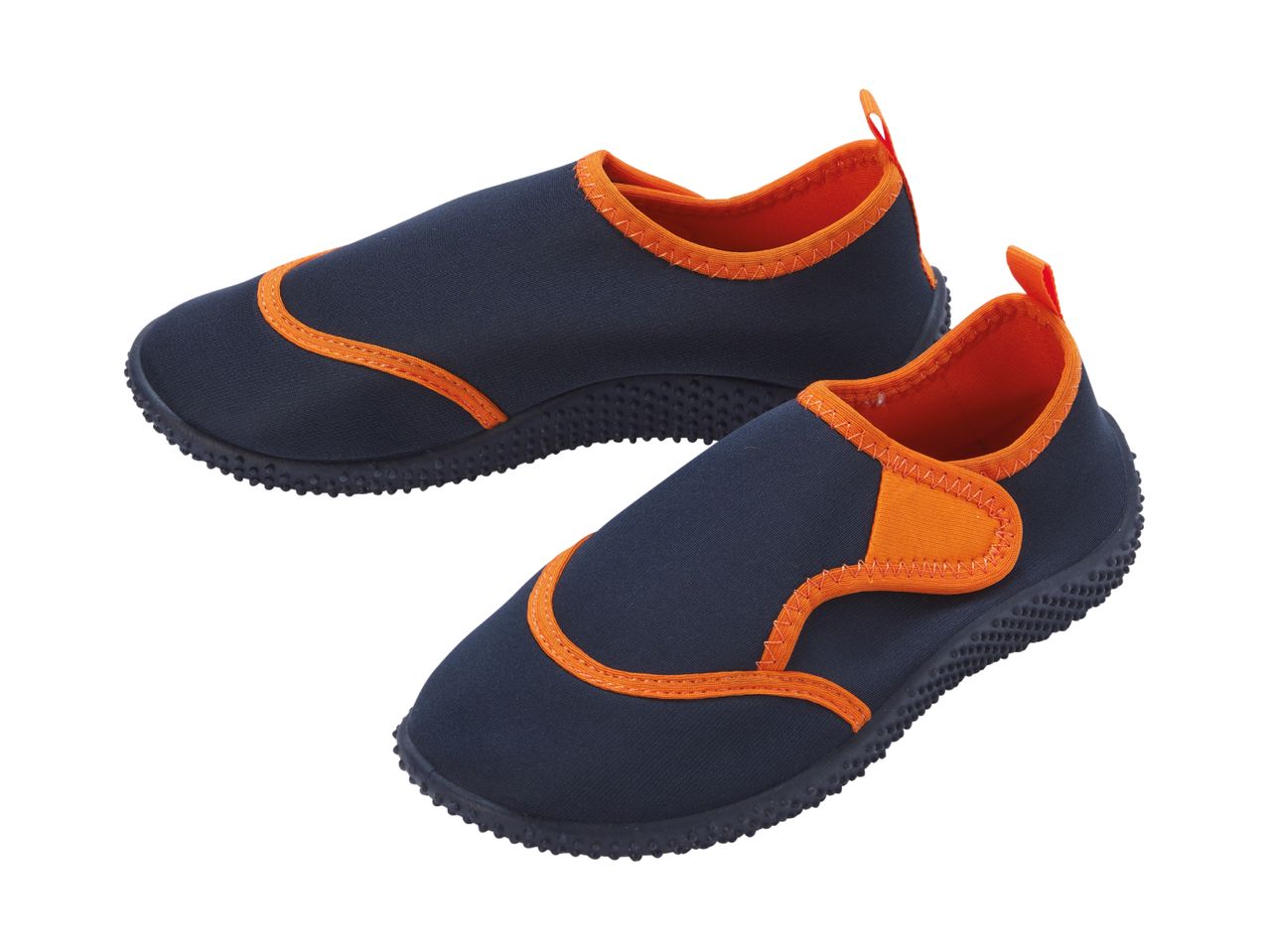 Pair of navy blue and orange water shoes with textured soles.