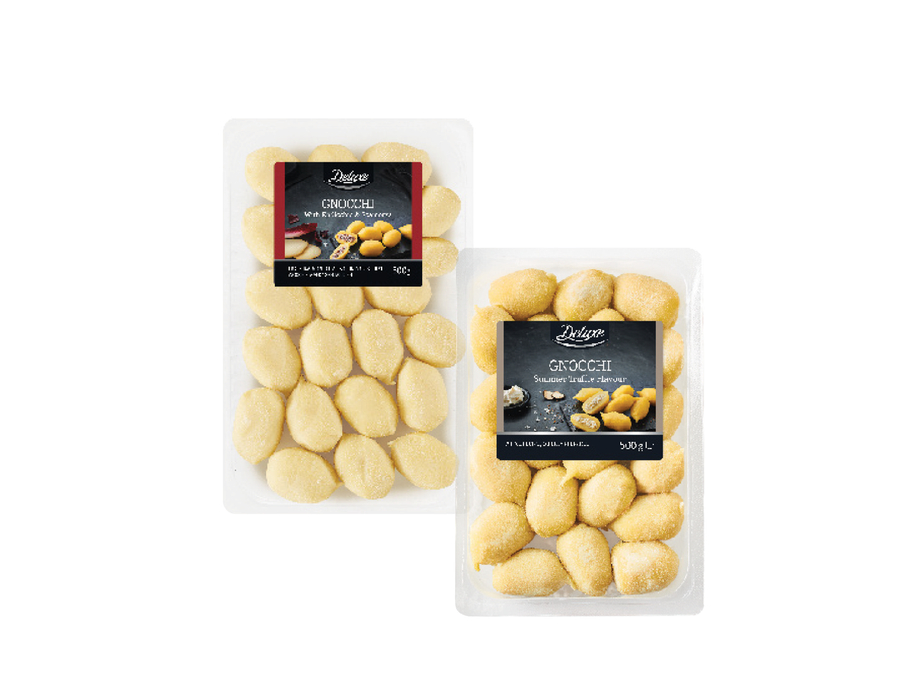 Du „Deluxe“ gnocchi pakuotės: viena su baziliku ir pomidorais, kita – su vasaros triufelių skoniu.