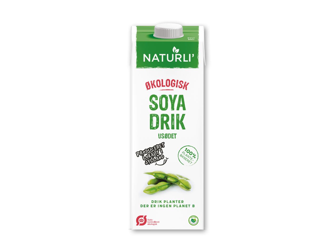Naturli' Økologisk Soya Drik usødet i en hvid karton med grøn top og sojabønner.