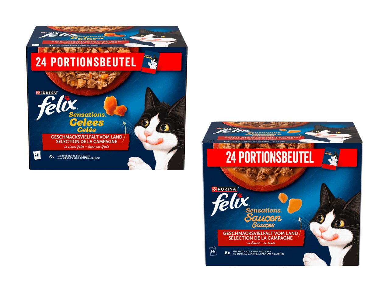 Deux paquets de nourriture pour chats de 24 portions, l'un en gelée et l'autre en sauce.