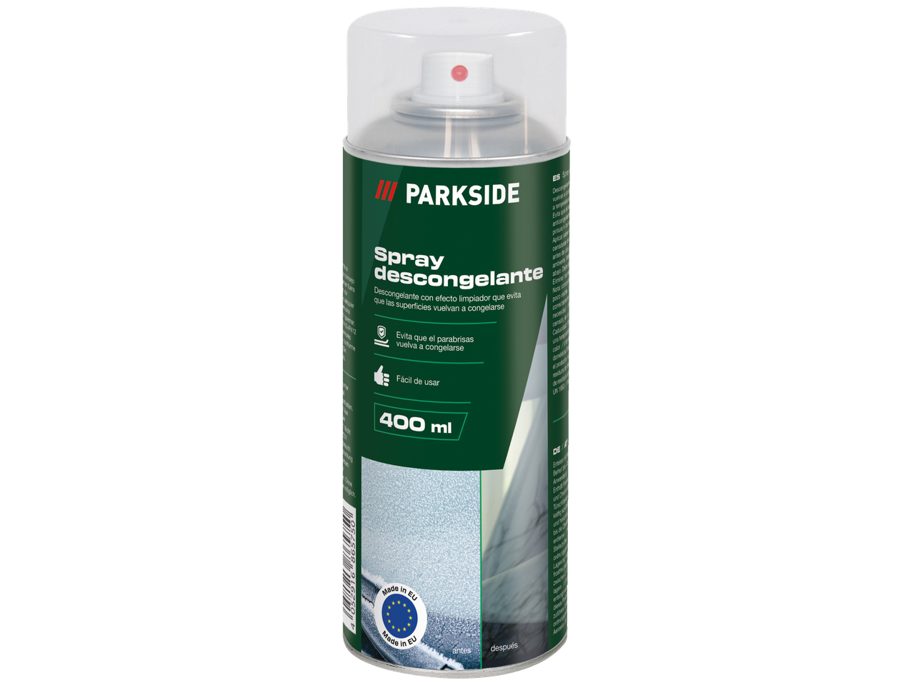 Spray descongelante Parkside®, 400 ml, com efeito de limpeza e propriedades anticongelantes.