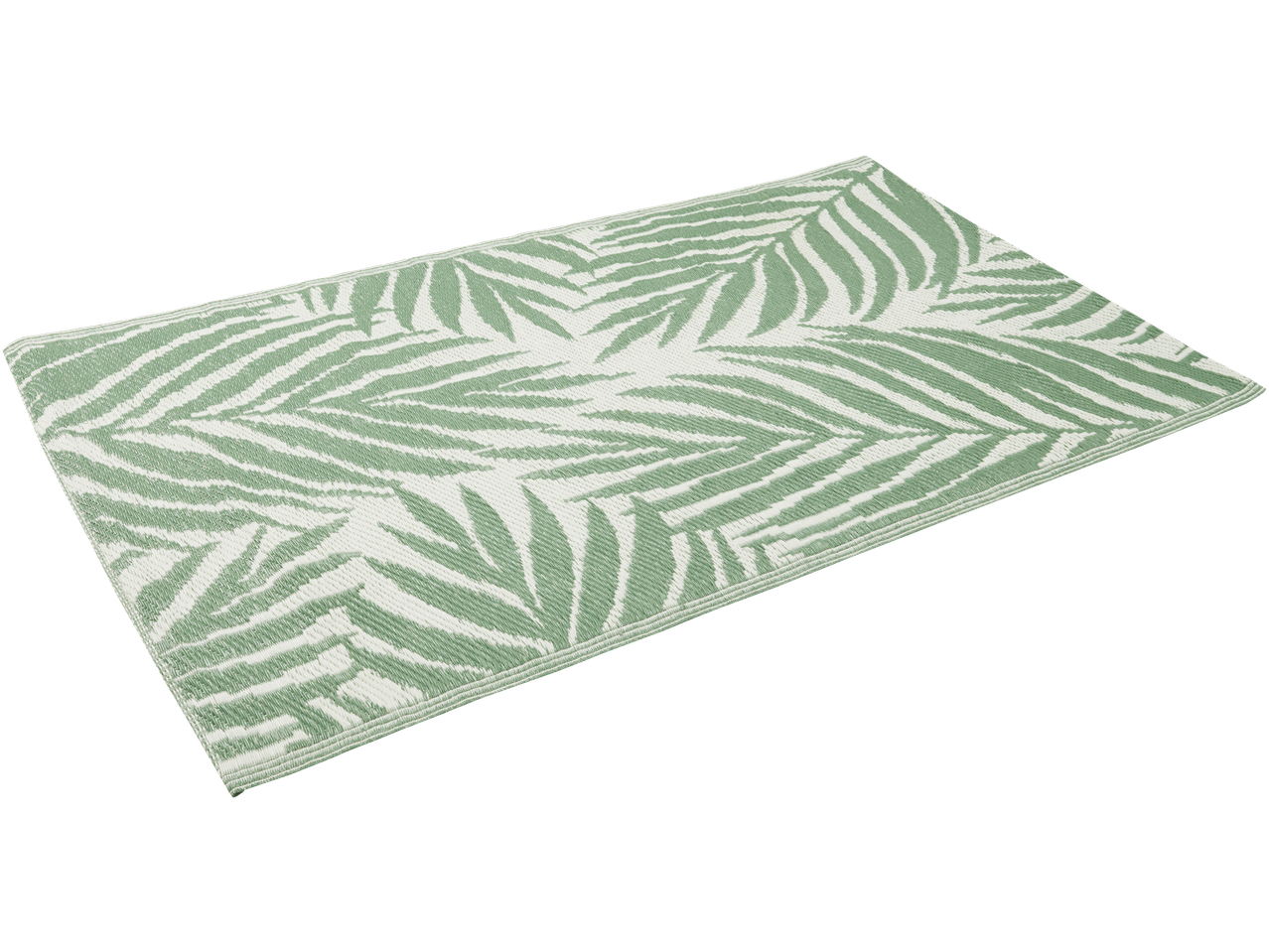 Tapete de jardim com padrão de folhas de palmeira verdes e brancas.