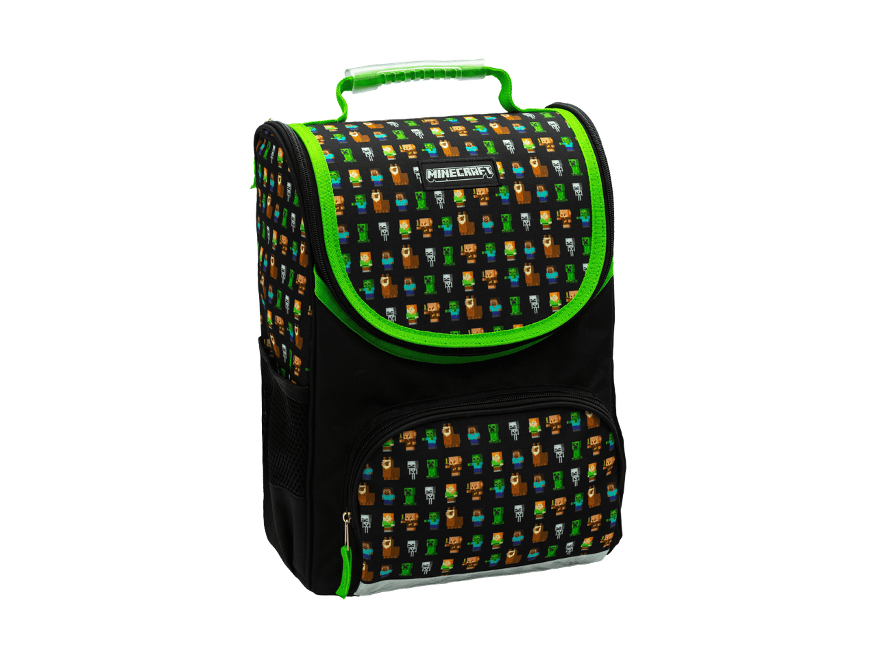 Sac à dos noir avec des personnages Minecraft et une fermeture éclair verte